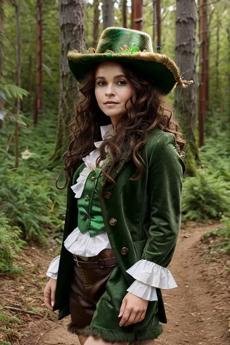 <lora:Helena_Bonham_Carter:1> 1woman, solo, mature hb1873c, , brown_hair, wavy hair, messy hair, leprechaun costume , mushroom forest , day