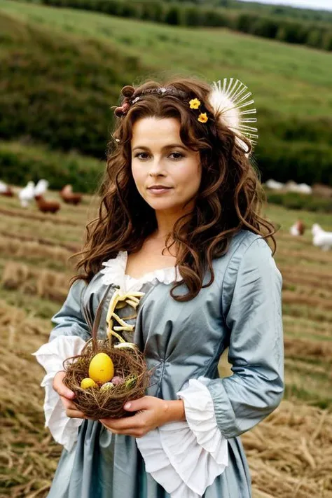 <lora:Helena_Bonham_Carter:1> 1woman, solo, mature hb1873c, , brown_hair, wavy hair, messy hair, easter costume , hen house , day
