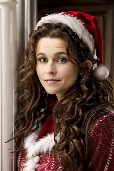 mrs santa claus, santas grotto, north pole, elves, snowmen, candy canes, snow, icicles, <lora:Helena_Bonham_Carter:1> 1girl, solo, a mature 40 year old hb1873c, brown hair, wavy,messy,up do, hair, masterpiece,best quality, detailed face