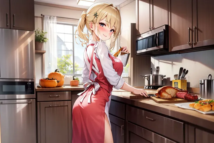 (1girl:1.1), (kitchen:1.1), apron, smile, blush, thanksgiving, turkey \(food\), table <lora:gujianshaonu_style_v03:1>