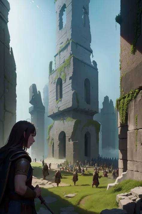 fantasy rpg, scenery, (crowd of adventurers:1.2), floating flags, marching army, ancient ruin, damaged buildings, rocks, mystic forest, cinematic lighting, light particles