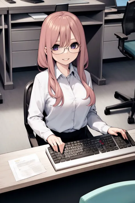 computer_room, computer tower, monitor, keyboard \(computer\), shelf, desk, chair, intricate details, wide shot, 1girl, sitting, shirt, glasses, looking at viewer, smile, parted lips, frontlighting <lora:haruba_negi_style_v01:1>