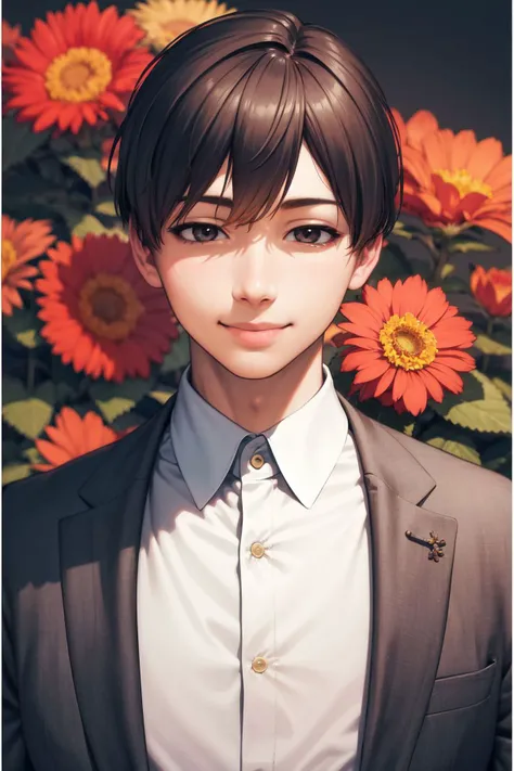 realistic, solo, 1boy, looking away, smile, sidelighting, Solidaster \(flower\), floral background