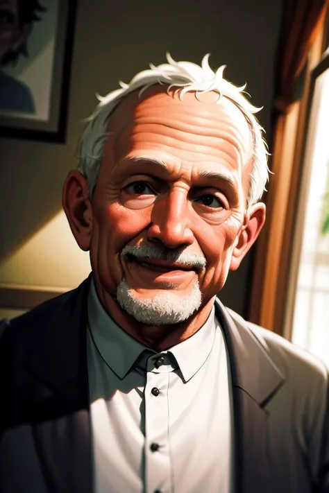 portrait, solo, old man, looking to the side, smile, backlighting