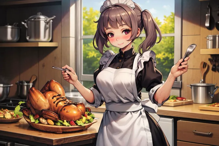 (1girl:1.1), (kitchen:1.1), apron, smile, blush, thanksgiving, turkey \(food\), table <lora:vanillaware_style_v04:1>