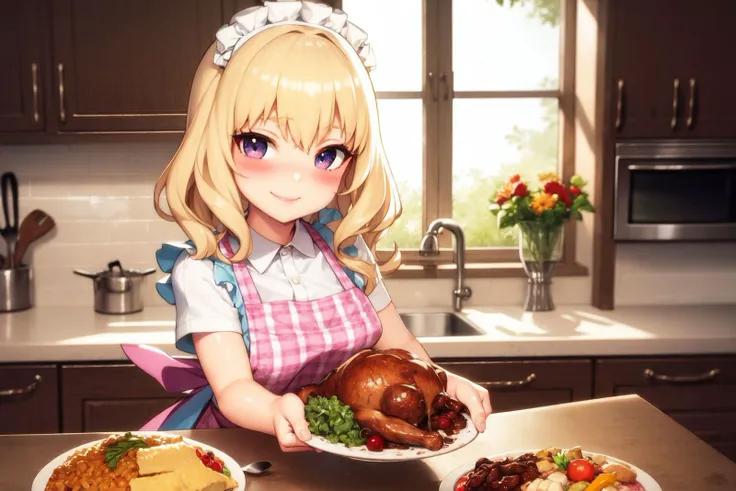 (1girl:1.1), (kitchen:1.1), apron, smile, blush, thanksgiving, turkey \(food\), table <lora:fishine_style_v02.14:1>