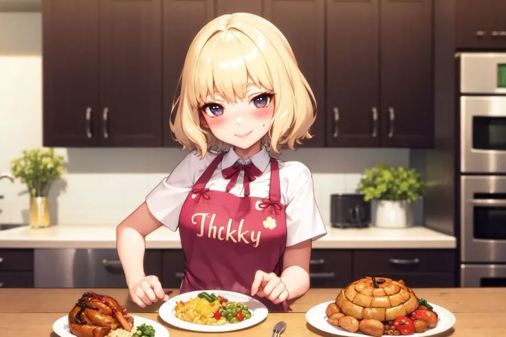 (1girl:1.1), (kitchen:1.1), apron, smile, blush, thanksgiving, turkey \(food\), table <lora:fishine_style_v02.14:1>
