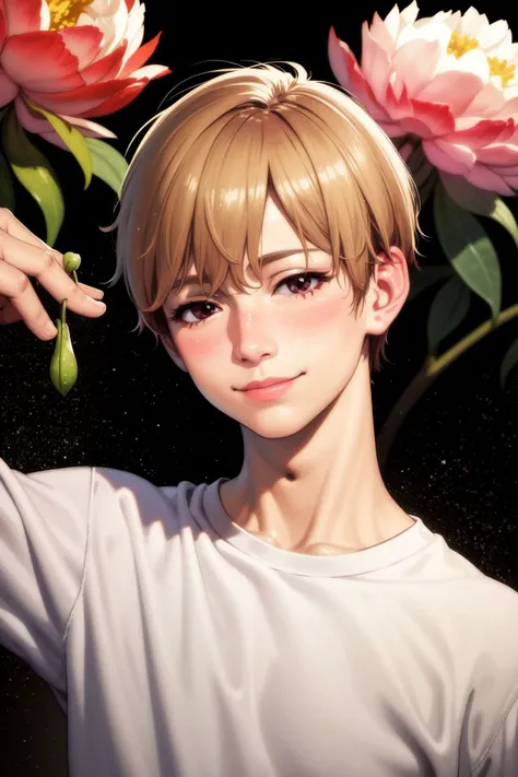 realistic, solo, 1boy, looking down, smile, glitter particles, Paeonia \(flower\), floral background