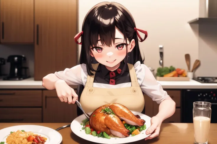 Very detailed CG Unity 8K 壁紙),(masterpiece), (Highest quality), (Very detailed), (Best illustrations),(Best Shadow)、1girl :d alternate_costume anis_(Nod) apron black_dress blush breasts brown_hair cleavage collarbone commentary dress food goddess_of_victory:_Nod hair_ornament heart heart_hands highres himonoata ketchup large_breasts looking_at_viewer maid_headdress omelet omurice open_mouth orange_eyes short_hair short_sleeves smile solo white_apron white_headwear wrist_cuffs