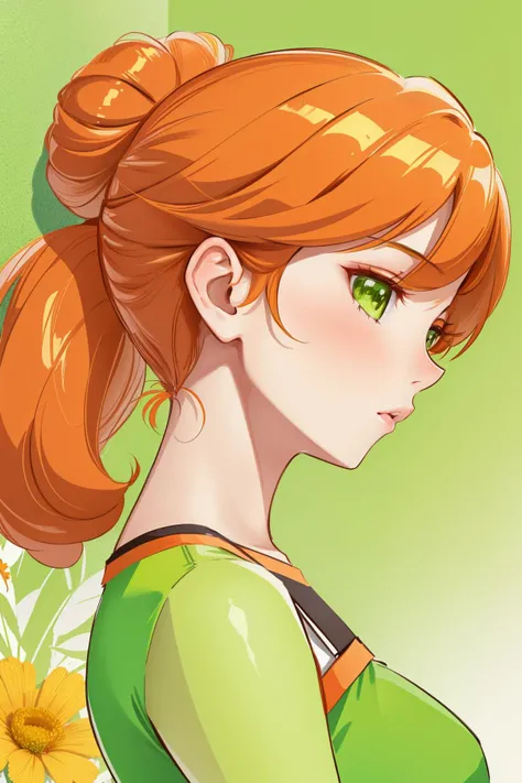 1girl, a Alyson Hannigan with Messy bun hair blowing in the wind with a Lime green background and a deep orange wall behind her, Elina Karimova, profile picture, art nouveau, a character portrait