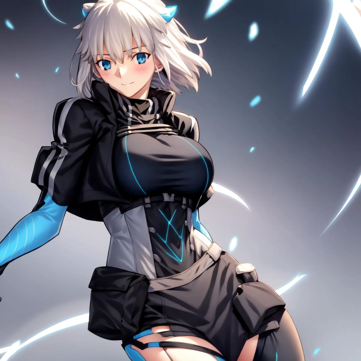 <lora:takeuchi_takashi_style_v01:1>
<lora:icey-nvwls-v1:1> <lora:icey_20230605230028:0.1>
16k , highres , masterpiece , best quality , ultra-detailed ,
BREAK
(( 1girl , solo )) , woman , huge breasts , light smile , light blush , ((jeanne d'arc (fate)):0.5) , medium long shot ,
icey , ic3y , black bodysuit , cropped jacket , black thighhighs , gloves , neon trim , glowing
suspending
, beautiful fingers ,