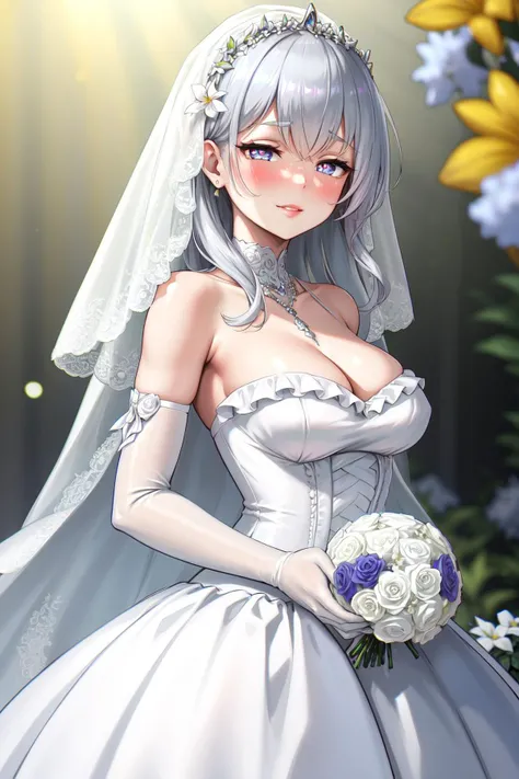 (best quality:1.3), solo, 1girl standing, sheer, (wedding dress with flowers:1.1), looking at viewer, from front side, beautiful eyes, eyelashes, eye highlights, (heart-shaped pupils:1.2), dark blue eyes, light grey hair, multicolored hair, wedge cut, shiny lips, seductive smile, blush, (half-closed eyes:1.1), breasts, frills, bridal veil, yellow gemstone, god rays, bokeh, chromatic aberration, floral background