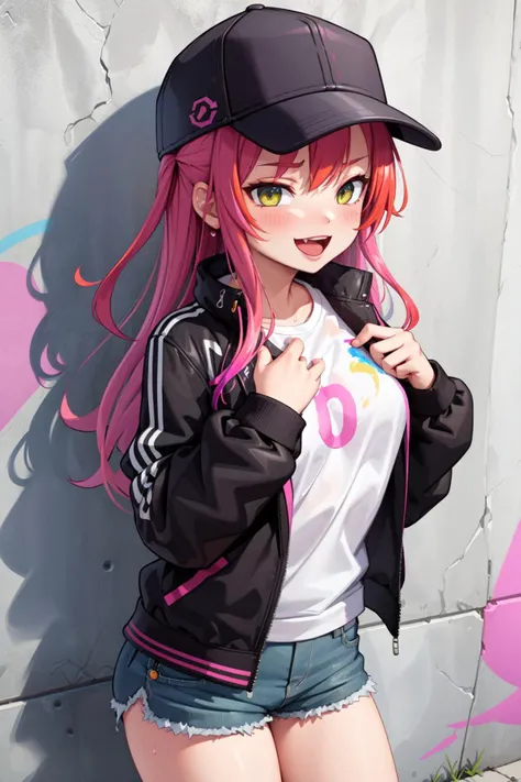 street, graffiti wall, 1girl, casquette, jacket, shorts, ;d, shirt, multicolored hair, medium breasts, floating paint drops, street view, solo focus, hands_on_own_chest