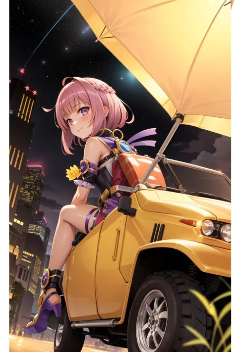 1girl, dramatic Concept art, Rule of Thirds, extreme close-up shot of a Puerto Rican ([Parachute|4 wheeled vehicle]:1.3) , it is very Illuminated and Fruit-Flavored, it has magnificent details, it is engraved with Alabaster and Mustard details, Luminous street in background, winter grass and cityscape, at Nighttime, Wide view, Simple illustration, Happy, Shin Hanga, back-light, 35mm, fluorescent purple and Neutral hue, halation, Ribbons, lots of details, Best quality, minimalistic