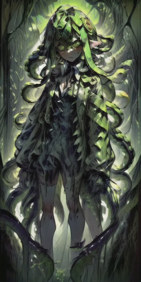 (8k uhd, masterpiece, best quality, high quality, absurdres, ultra-detailed), (solo, 1girl:1.2) lovecraftian, (green tentacle hair, green tentacle legs, eldritch_abomination:1.2) scylla, eldritch, monster girl, <lora:Cthulhu:0.5>, <lora:add_detail:1>, <lora:splatoon:0.45>, leg tentacles, <lora:detailed_eye_V2:1.0>, overcoat, bulletproof vest, <lora:colorfix:1.0>