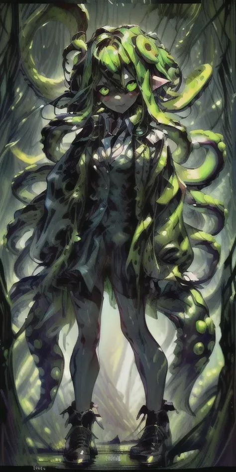 (8k uhd, masterpiece, best quality, high quality, absurdres, ultra-detailed), (solo, 1girl:1.2) lovecraftian, (green tentacle hair, green tentacle legs, eldritch_abomination:1.2) scylla, eldritch, monster girl, <lora:Cthulhu:0.5>, <lora:add_detail:1>, <lora:splatoon:0.45>, leg tentacles, <lora:detailed_eye_V2:1.0>, overcoat, bulletproof vest, <lora:colorfix:1.0>