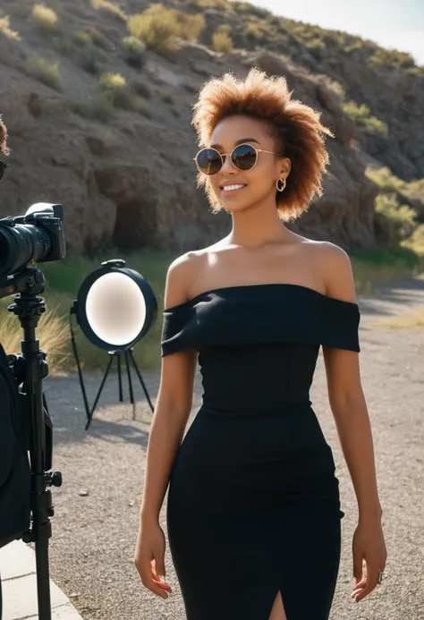 (medium full shot) of (fashionable top model) young female, african, dark skin, black eyes, willowy build, medium ginger shag cut hair, wearing a black off-shoulder dress with elegant design  , statement sunglasses, ankle boots, statement ring, black eye shadow, __cf-top-model/prop__, set in  Outdoor Photo Shoot, scenic location with natural lighting, models posing, photographer adjusting camera, assistants holding reflectors, woman smiling,  ,Masterpiece,best quality, photo, realistic, very aesthetic, detailed face,