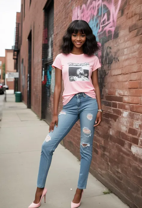 (medium full shot) of (stylish top model) young female, black american, dark skin, hazel eyes, tiny build, extra long dark side-swept bangs hair, wearing a pastel pink casual t-shirt with graphic print, denim pants , suede pumps with pointed toe, statement ring, black eye shadow, __cf-top-model/prop__, set in a quiet urban alley, with brick walls, graffiti art, and a gritty, industrial vibe, in daylight, woman smiling, ,Masterpiece,best quality, photo, realistic, very aesthetic, detailed face,