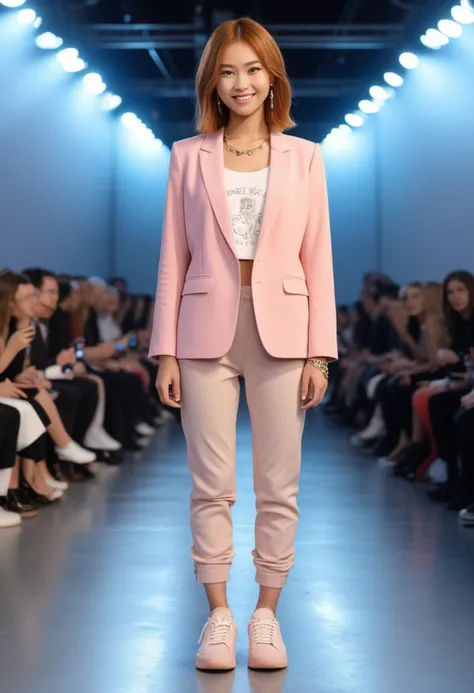 (medium full shot) of (stunning top model) young female, chinese, tan skin, light brown eyes, willowy build, extra long ginger inverted bob hair, wearing a pastel pink tailored blazer, suede pants , trainers with designer logos, charm anklet, eyeliner, __cf-top-model/prop__, set in a high fashion runway, with bright lights, a long catwalk, and a stylish audience, cameras flashing and music playing, woman smiling, ,Masterpiece,best quality, photo, realistic, very aesthetic, detailed face,