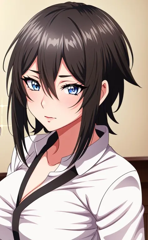 <lora:Elna Stongs:0.8> Elna Stongs, 1girl, solo, beautiful grey eyes, breasts, cleavage, blush, fingerless gloves, gloves, looking at viewer, shirt, black hair, medium breasts, white shirt, day, black gloves, collarbone, blurry, sky, upper body, cloud, hair between eyes, perfect lighting, ((shining face, shining body)), perfect face, eye shadow, ((gorgeous)), Extremely beautiful, perfect, (masterpiece:1.2), (best quality:1.2), cinematic, perfect skin, perfect lighting, textured skin, detail, beauty, overall, hour glass body, sharp focus, ultra-detailed, illustration, perfect face, ((gorgeous)), Extremely beautiful, perfect, detailed background, seductive, alluring, ((Shonen Style)), (detailed background, intricate background:1.1), beautiful ((Extremely Detailed)), ((Best Quality)), ((Masterpiece)), ((4k))