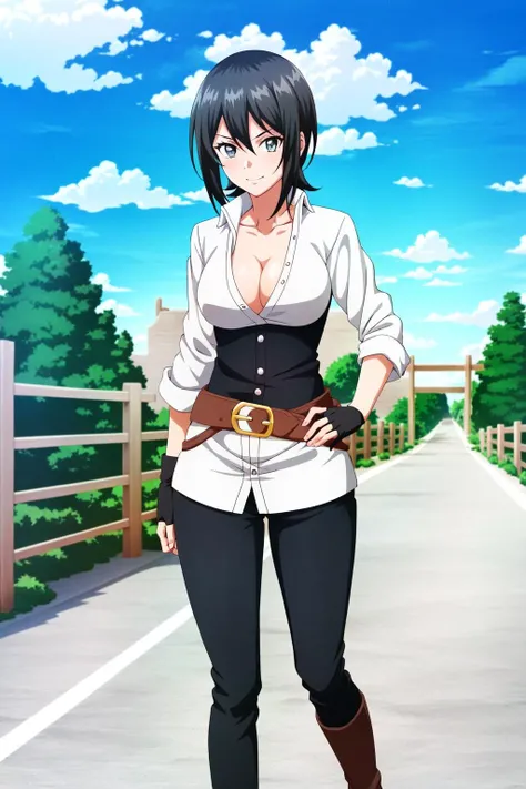 <lora:Elna Stongs:0.8> Elna Stongs, 1girl, solo, beautiful grey eyes, breasts, cleavage, blush, fingerless gloves, gloves, looking away from viewer, shirt, black hair, medium breasts, white shirt, day, black gloves, collarbone, brown boots, blurry, sky, upper body, cloud, hair between eyes, bangs, side bangs, standing, full body, adult woman, smirk, ((Shonen Style)), (detailed background, intricate background:1.1), beautiful, (extremely detailed CG unity 8k wallpaper),(masterpiece),(best quality),(ultra-detailed),(best illustration),(best shadow),(absurdres)