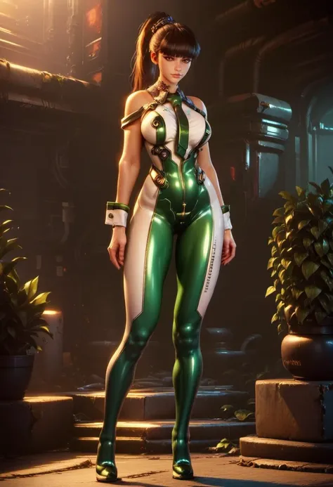 <lora:Eve_Stellar_Bladde_for_PonyXL:1>, eve (stellar_blade), solo, bodysuit, necktie, abandoned cyberpunk city overgrown with plants, standing, looking at viewer, shiny clothes, skin tight, full body, bare shoulders, lips, green necktie, large breasts, wrist cuffs, shiny, sleeveless, high heels, BREAK , zPDXL, score_9, score_8_up, score_7_up, score_6_up, score_5_up, score_4_up