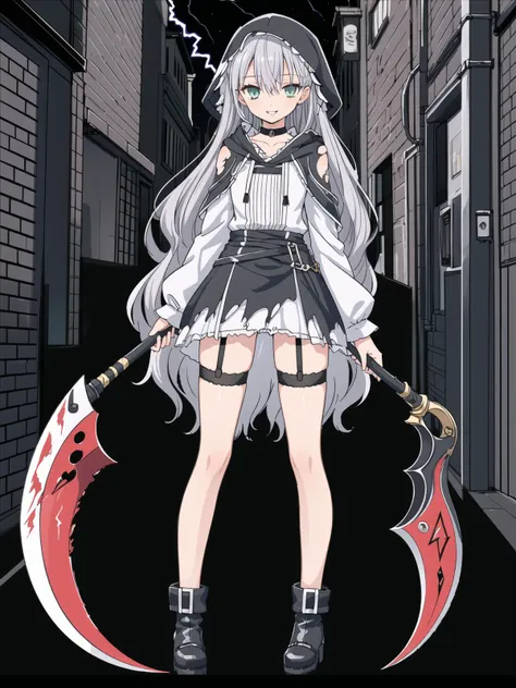 <lora:符æå·¥å3å¡ç³karinTEST:0.4>,karina,1girl,solo,long hair,hair between eyes,
//,
masterpiece,high quality,beautiful wallpaper,16k,animation,illustration,positive perspective,
//,
(Dark alley background :1.4),(night :1.3),(Dark clouds :1.3),(Lightning :1.3),perfect human body,complete body,delicate face,delicate features,(Death :1.5),(Death Scythe :1.3),(solo:1.3),(very bright eyes),bloody lips,(scary smile),Shinigami style clothing,(Black hood :1.3),(Exposed thighs :1.3),(black garter belt:1.4),(bound legs),black leather boots,(torn clothing :1.5),overweight,sexy,tall,extremely tall,cloudy,