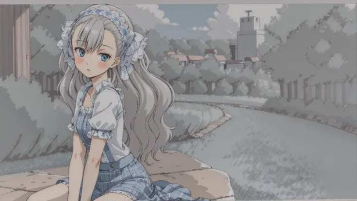 (masterpiece、beste-Qualit)、1girl in、Long、blunt bangs、has silver hair、red blush、Yellow eyes、hair adornments、Short-sleeved shirt、frill skirt、blue-sky、biotopes、front-facing view、Light of the sun