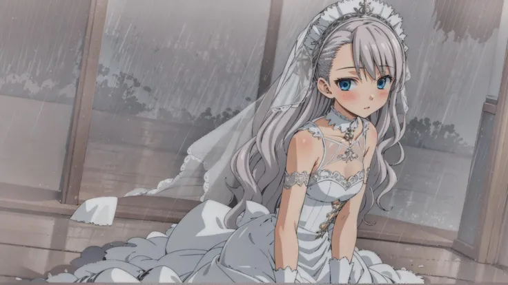 karina, 1girl, solo, long hair,wedding dress,wariza,rainy days<lora:karinaTEST:0.4>
