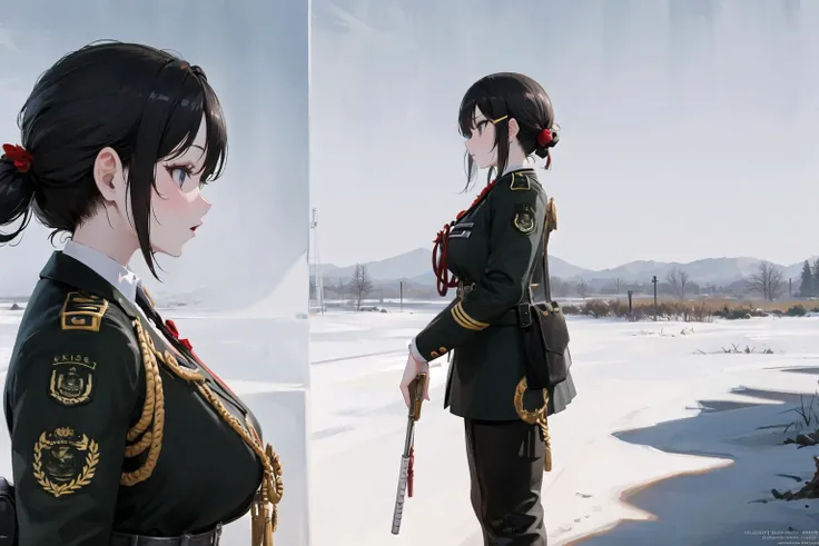 ((masterpiece,best quality)),((1girl)),Black hair, Female soldier,military uniform,Beautiful face,Black hair,sunlight,((sky:1.8))sunlight,the sun,snowfield,((multiple views)),profile,