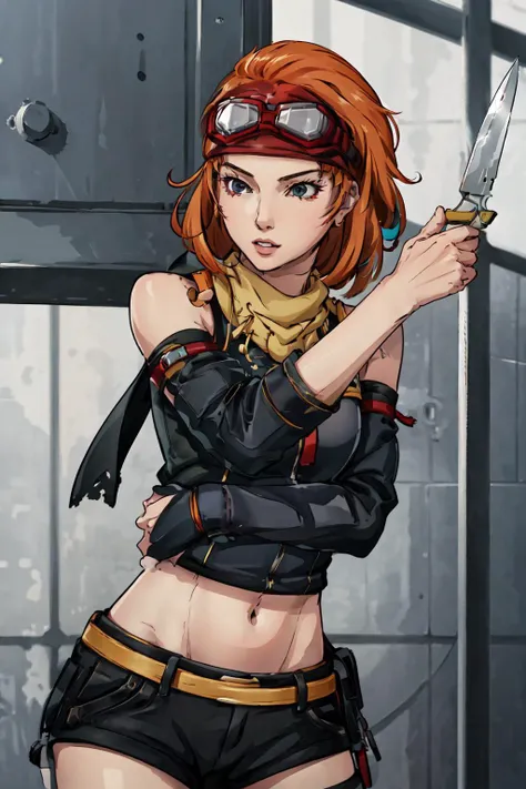 (masterpiece,best quality),1girl,tashaaw,midriff,detached sleeves,shorts,thighighs,goggles on head,action shot,(holding knife:1.2), <lora:TashaAW:0.9>