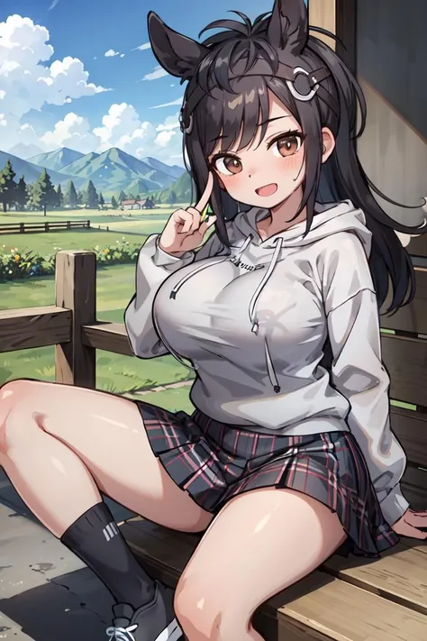 <lora:BrownThoroughbredKemonofriends_Thoroughbredaokage:0.6>,AOKAGE_plainclothes
1girl,solo,masterpiece, best quality, high quality,delicate facial features,mishoujo,hyper_detail,game cg, finely detailed beautiful eyes and detailed face,lustrous skin,colorful
brown_thoroughbred_(kemono_friends), horse ears, horse girl, horse tail, dark skin, long hair, brown eyes, dark-skinned female, black hair, (huge_breasts:1.2)
(gray_sweater:1.2), hood, casual, long sleeves, white hoodie, plaid, pleated skirt, plaid skirt,hood down, black footwear, headgear, sneakers, black socks
(looking at viewer:1.2), (standing:1.2), (full_body:1.3),blush,closed mouth, smile, sweat,hand on hips
(town:1.3), sunlight, blue sky,cloud, tree, mountain,breath