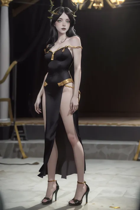 8k,highres,absurdres,masterpiece,best quality,original,extremely detailed CG,extremely detailed wallpaper,perfect lighting,<lyco:GoodHands-beta2:1>,
1girl,solo,blurry_background,looking_at_viewer,standing on the stage,
<lora:CeciaAFK_v1:0.6> CeciaAFK,green eyes,horns,grey skin,black lips,colored skin,black hair,pale skin,long hair,bare shoulders,black dress,side slit,