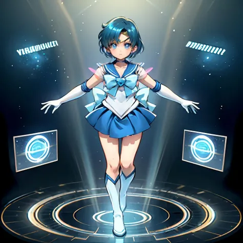 masterpiece,best quality,highly detailed,1girl,solo,serious,concentrating,v-shaped eyebrows,looking at viewer,
<lora:mercury_v2:1>, mer1,tiara,sailor senshi uniform,blue sailor collar,bow,knee boots,choker,white gloves,blue choker,elbow gloves,jewelry,earrings,blue skirt,
BREAK
<lora:circleDigitalTrans:0.4>,digital dissolve,dissolving,hologram,holographic interface,outstretched arms,full body,