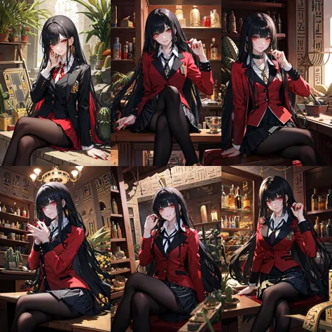 (otherworldly, otherworldly atmosphere, otherworldly appearance), highly insanely detailed, masterpiece, top quality, best quality, highres, 4k, 8k, RAW photo, collar, earrings, jewelry, necklace, armlet,
(long_hair, long hair, random colors cloth, random colors hair, random long hair, dynamic hair, glowing hair, hair over one eye),
(eyelashes, eyeliner, eyeshadow, eyelashes),
makeup,
((ancient egyptian theme)), golden ornaments,
1girl, (portrait:0.4), nsfw,
((desert, Mexico, cacti)),
a grove of mechanical trees swaying to the rhythm of coded breezes, (tranquil:0.6), (serene:0.5),
long messy hair,
Yumeko JabamiV2, 1girl, school uniform, solo, pantyhose, skirt, black hair, jacket, red jacket, long hair, red nails, hime cut, crossed legs, sitting, shirt, bangs, looking at viewer, white shirt, blunt bangs, black pantyhose, nail polish, blazer, houndstooth, pleated skirt, lips, breasts, indoors, suit jacket, poker chip, collared shirt, smile,
<lora:Yumeko JabamiV_2:0.8>,
BREAK
scenery, (ancient egyptian ruins), (fantasy world)