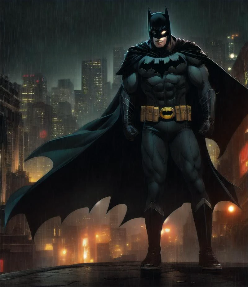 1boy, dark scene, cowboy shot of batman, athletic, white eyes, no pupils, night city, mist, particles, male focus, mask, muscular, muscular male, ragged and torn cape, night, outdoors, rain, serious, dark armosphere, detailed background, comic, magazine