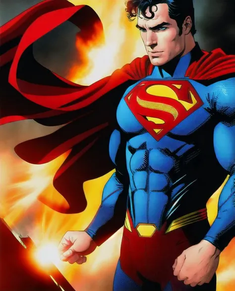 Henry cavill is superman , superhero, upper body, illustrator by Jorge Jiménez , colours, draw comic, 1boy, building destroyed