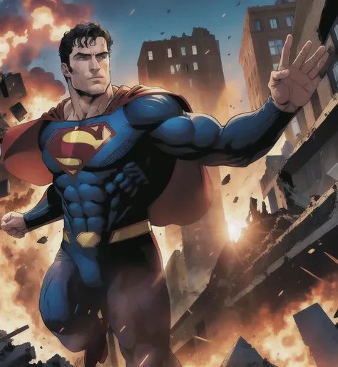 Henry cavill is superman , superhero, upper body, illustrator by Jorge Jimnez , colours, draw comic, 1boy, building destroyed