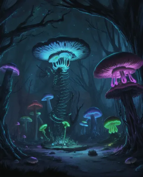 ShroomPunkAI, bioluminescence, skeleton, messy environment