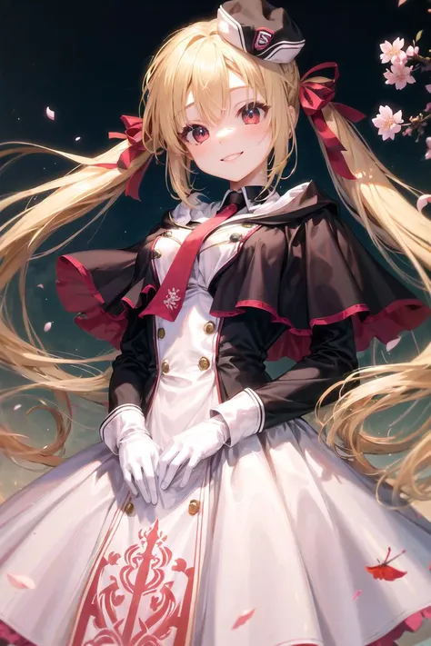 arihara nanami, 1girl, blonde hair, red eyes, long hair, twintails, hat, hair ribbon, red necktie, white gloves, dress, capelet, 
(best quality, masterpiece, RAW photo,ultra-detailed:1.2),1girl,solo,looking at viewer,smile city, cherry blossom, from below, standing,
<lora:add_detail:0.3><lora:AriharaNanami-v1:0.8>