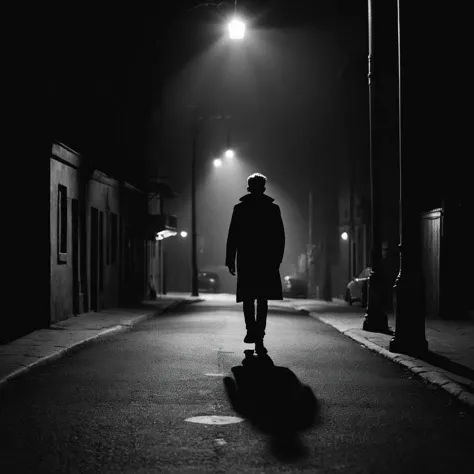 cinematic film still of <lora:Low-key lighting Style:1>
dim light, low light, dramatic light, partially covered in shadow, a person walking down a street at night Low-key lighting Style,solo,1boy,standing,monochrome,greyscale,from behind,shadow,scenery,1other,walking,sign,light,road,dark,lamppost,road sign, shallow depth of field, vignette, highly detailed, high budget, bokeh, cinemascope, moody, epic, gorgeous, film grain, grainy
