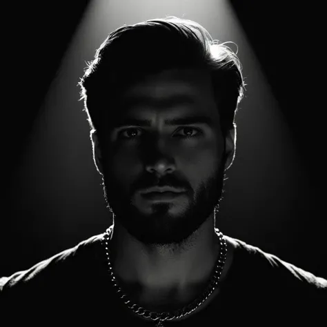 cinematic film still of <lora:Low-key lighting Style:1>
dim light, low light, dramatic light, partially covered in shadow, a man with a beard and a necklace Low-key lighting Style,solo,looking at viewer,simple background,1boy,closed mouth,monochrome,greyscale,male focus,black background,portrait,realistic, shallow depth of field, vignette, highly detailed, high budget, bokeh, cinemascope, moody, epic, gorgeous, film grain, grainy
