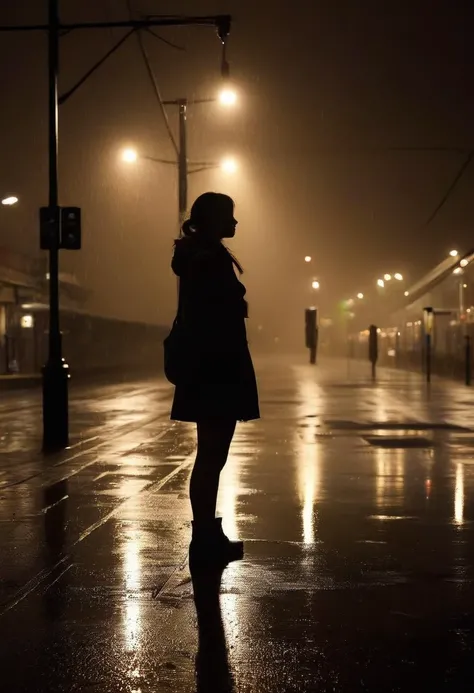girl waiting, (train station:1.4), natural light,evoking loneliness and solitude, torrential thunderstorm, very windy, night, very dark, water splashing, water spraying, vision obscured, brown and black tones, desolate, lamppost, puddles, distant headlights, <lora:Low-key lighting Style:1>,mist,contour