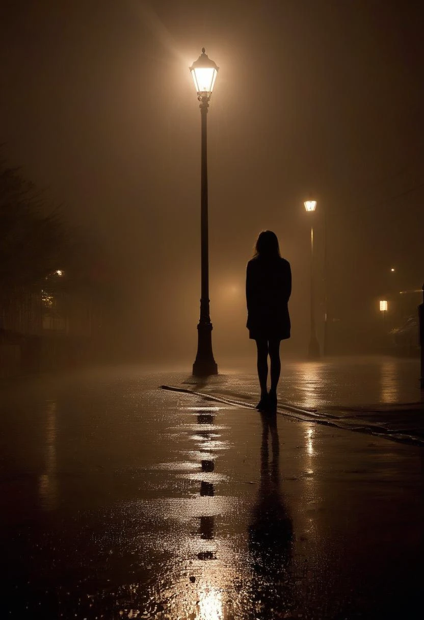 girl waiting, natural light,evoking loneliness and solitude, torrential thunderstorm, very windy, night, very dark, water splashing, water spraying, vision obscured, brown and black tones, desolate, lamppost, puddles, distant headlights, <lora:Low-key lighting Style:1>,mist,withe contour