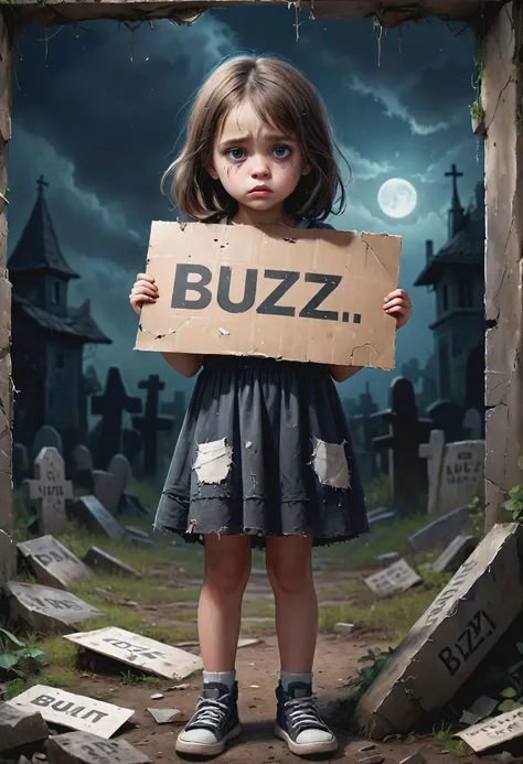 Very Detailed Digital Painting of close-up portrait of a sad girl with torn clothes in a creepy alley late at night holding a cardboard sign with the text "BUZZ" on it, low-key lighting style, <lora:SDXLFaeTastic2400:0.6>, <lora:Low-key lighting Style:1> Low-key lighting Style, <lora:xl_more_art-full_v1:0.4>