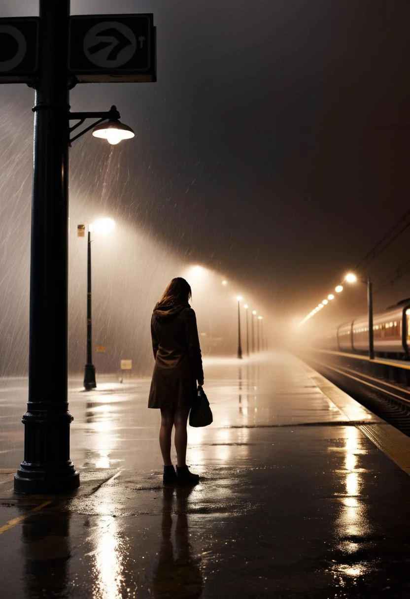 girl waiting, (train station:1.4), natural light,evoking loneliness and solitude, torrential thunderstorm, very windy, night, very dark, water splashing, water spraying, vision obscured, brown and black tones, desolate, lamppost, puddles, distant headlights, <lora:Low-key lighting Style:1>,mist,contour