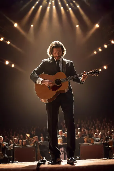 cinematic film still of <lora:Low-key lighting Style:1> dim light, low light, dramatic light, 8k, realistic, hdr, bokeh, dept of field, photorealistic, masterpiece, high resolution, best quality, sharp focus, Dolly zoom,
grand auditorium, guitarist on the stage, <lora:SDXLHighDetail_v5:0.7>