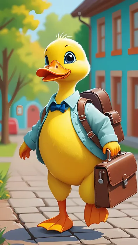 Cute little duck carrying a briefcase and going to work, colorful background, cute, children's book, story time