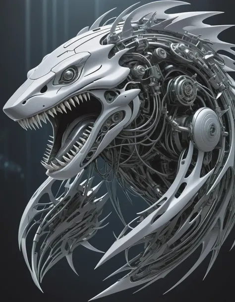 biomechanical style In a world where technology and nature intertwine seamlessly, there exists an enchanting creature - biomechanical great white shark. This magnificent amphibian blends advanced cybernetics with organic beauty, embodying the harmony between man-made marvels and natural wonders, under water with a reef in the background, style of HR Giger and Yasushi Nirasawa, . blend of organic and mechanical elements, futuristic, cybernetic, detailed, intricate