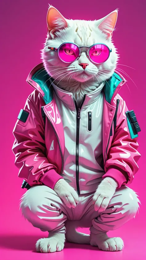 anime style, colorful illustration of a cyberpunk white color cat, rounded reflected glasses, futuristic jacket, fury belly , neon, 3 color, solid pink background